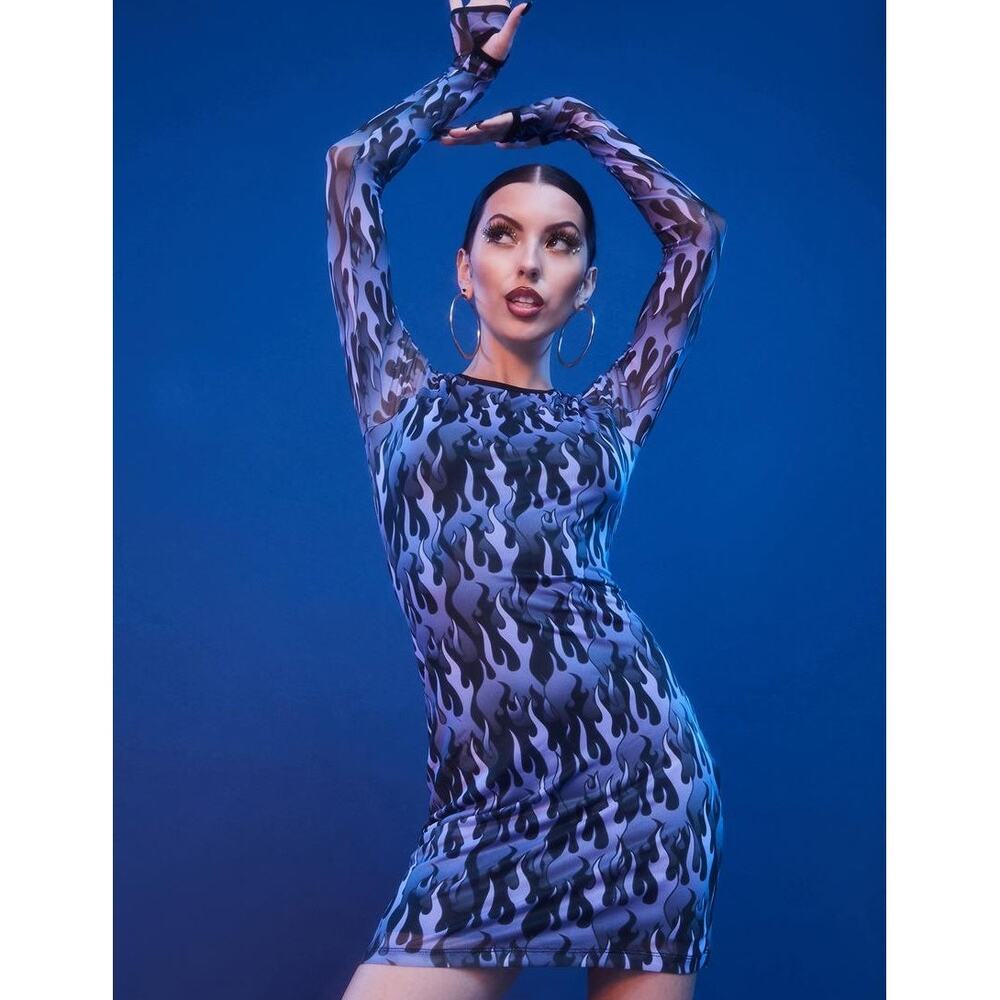 Dolls Kill Horoscopez Hell on heels mesh dress purple flames rave cybergoth club